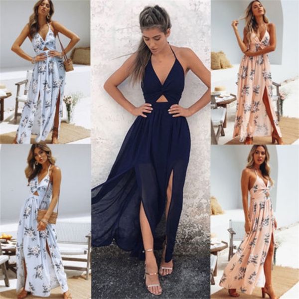 

womens summer boho maxi long dress evening party beach es sundress floral halter 220426, Black;gray