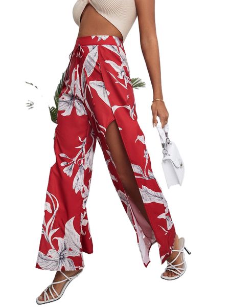 

floral print knot waist split thigh wide leg pants i6li#, Black;white