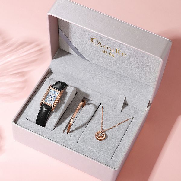 

women's 3-piece wristwatch set small square watch bracelet necklace gift box set, Slivery;golden