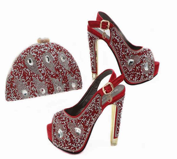 

evening bags wine red stiletto high heels fish mouth shoes with rhinestone wedding dinner fashionable women's sandals 220708