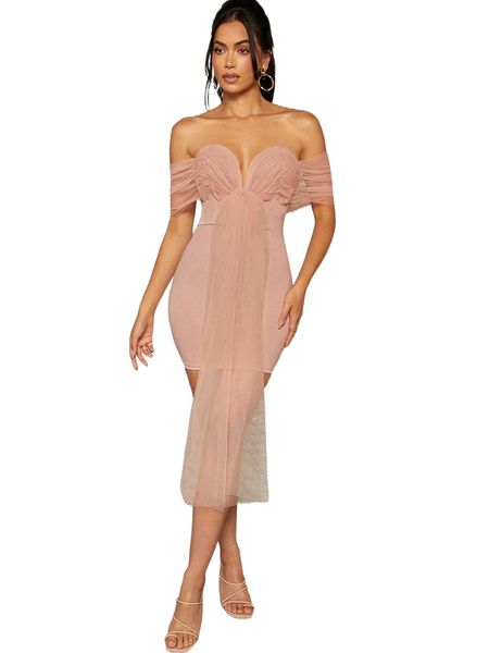 

off shoulder draped mesh front bodycon dress u4ir#, Black;gray