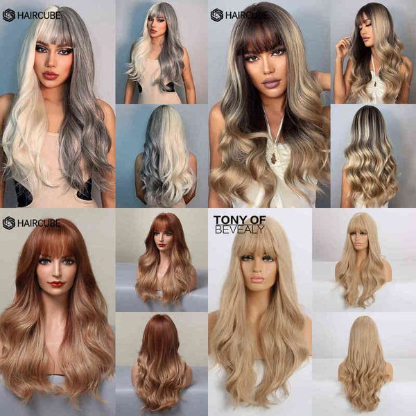 

haircube long wavy black brown gray ombre synthetic wig with bangs cosplay daily natural for women heat resistant hair 220622