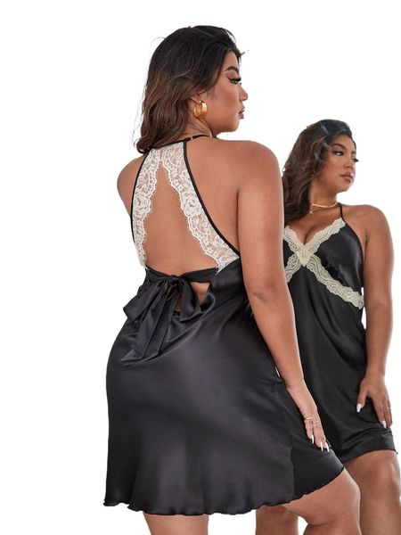 

plus contrast lace backless knot halter neck satin nightdress w6qk#, Black;white