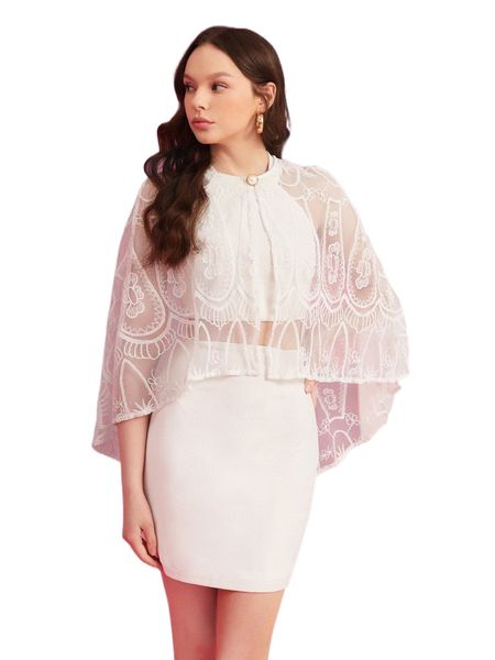 

x ari cut out backless halter bodycon dress & embroidery mesh cape v7br#, White
