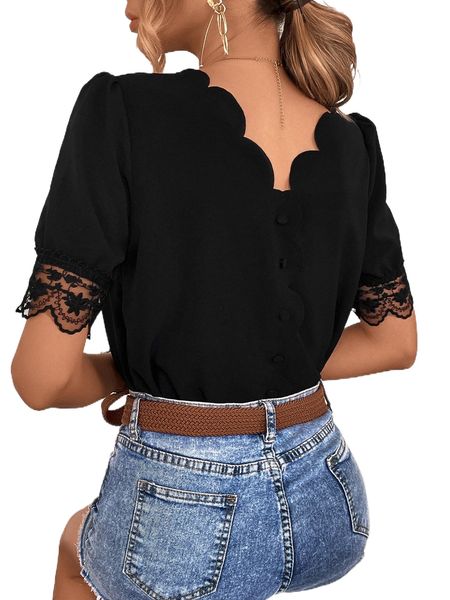 

scallop trim contrast lace blouse b6jp#, White