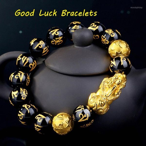 Bracelets de charme feng shui obsidiana miçangas de pedra bracelete homens mulheres unissex pulseand ouro preto pixiu riqueza e jóias de boa sorte