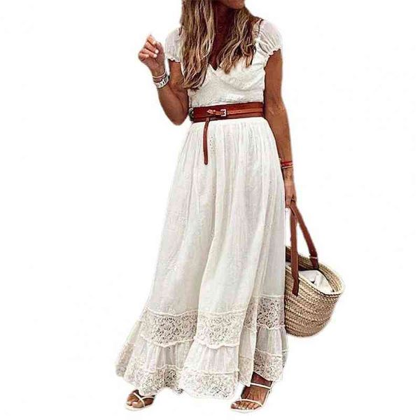 Kadın Uzun Elbise Yaz V-Neck Boho Yüksek Bel Keli Maksi Elbise Kısa Kollu Büyük Hem bayanlar Düz Renk Plaj Sundress 2021 L220705