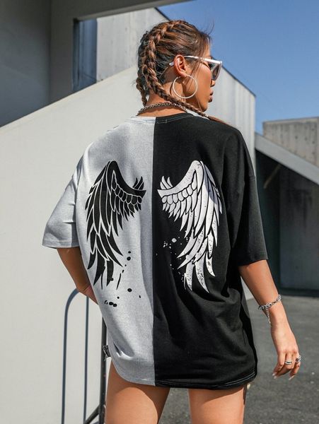 

drop shoulder two tone wing print longline tee c2b2#, White