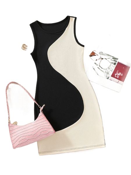 

two tone ribbed knit dress f8ht#, Black;gray