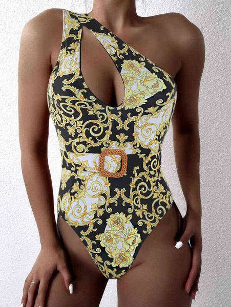 

swimsuit 2022 one-piece one shoulder printed bikini belt, White;black