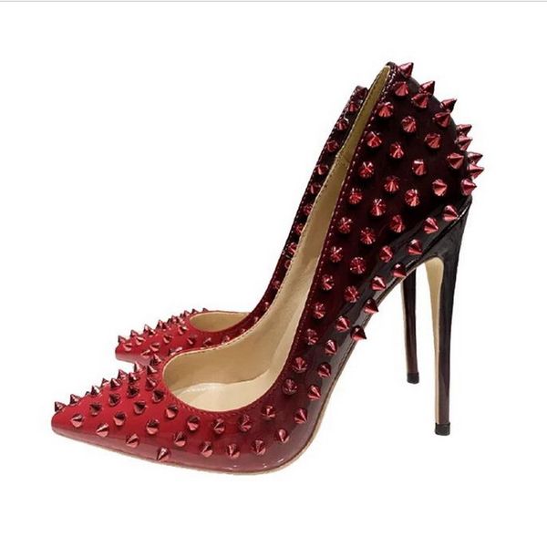 

gradient black red women shoes red bottom sandals spikes pointy toe high heel party shoe 8cm 10cm 12cm slip on stiletto pumps with studs for