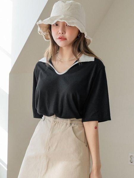 

dazy contrast collar rib knit tee 54wi#, White