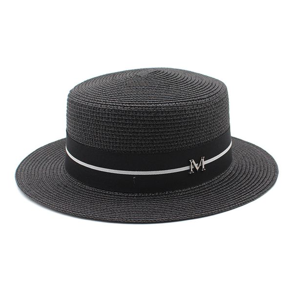 

spring summer romantic straw hat flat m letter men and women white hats british sun protection beach cap, Blue;gray