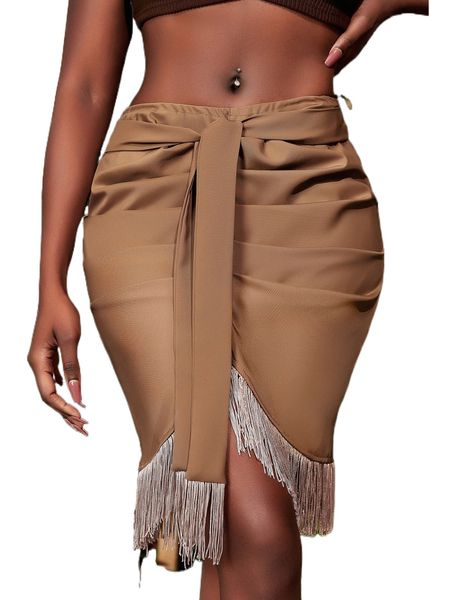 

sxy fringe hem ruched belted skirt c6ta#, Black