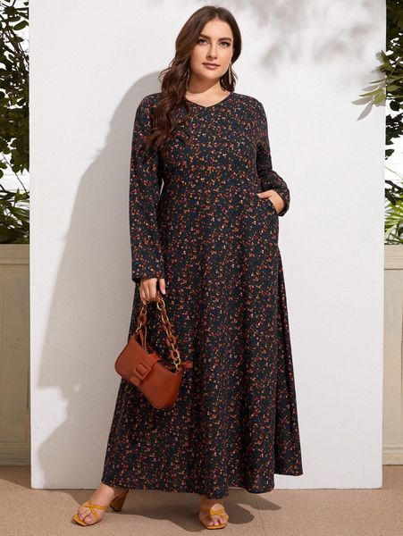 

plus ditsy floral pocket a-line dress u53c#, Black