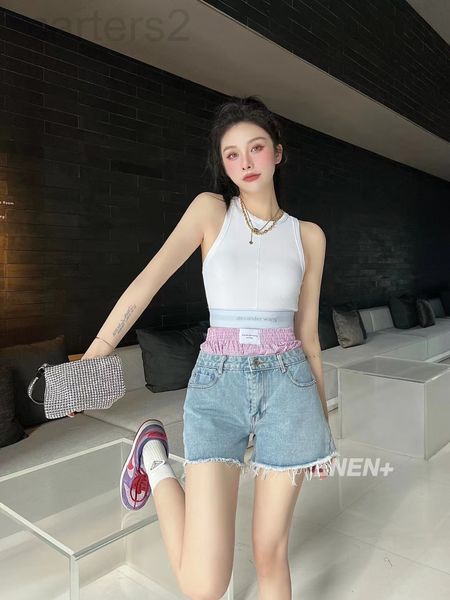 

women's jeans designer aw dawangjia 22 spring and summer new niche design fake two-piece personalized stitching washed denim shorts cas, Blue