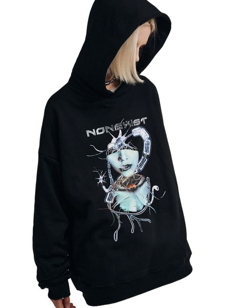 

figure & letter graphic drop shoulder hoodie i9ku#, Black