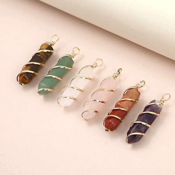 

natural stone wire wrapped hexagonal prism healing chakra crystal charms pendants for diy earrings necklace jewelry making, Bronze;silver