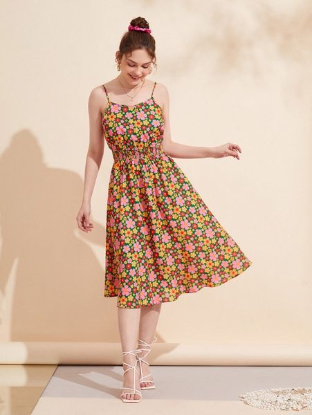 

x posse allover floral print shirred waist cami dress f613#, Black;gray