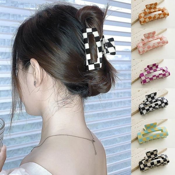 

checkerboard hair claws women acrylic plaid hairpin lattice barrettes square hollow ponytail clip hair accessories, Slivery;white