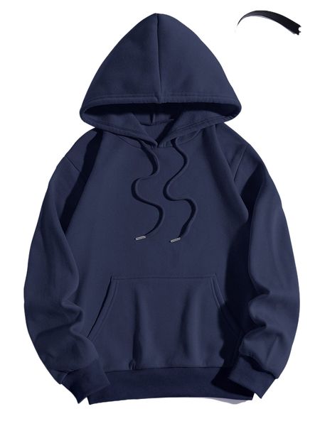 

kangaroo pocket solid thermal lined hoodie k80e#, Black