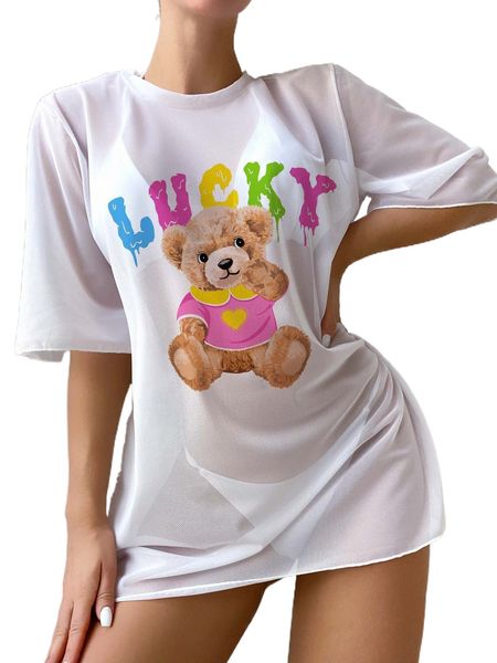 

bear & letter graphic mesh cover up dress without bikini d4z6#, White;black