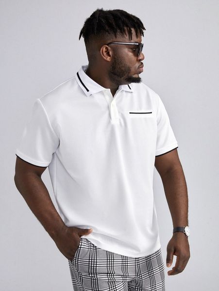 

extended sizes men striped trim polo shirt i6w9#, White;black