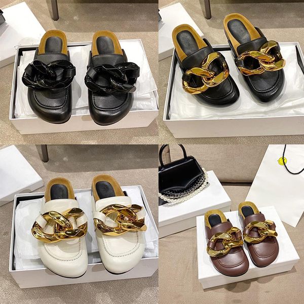 

designer women slippers slip toe leather metal chain sandals luxury rubber sandals muller loffer outdoor beach shoes, Black