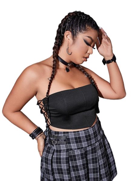 

plus lace up side bandana hem crop tube 24jk#, Black