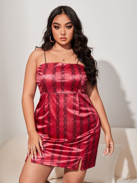 

plus snakeskin print m-slit hem cami dress 636t#, Black