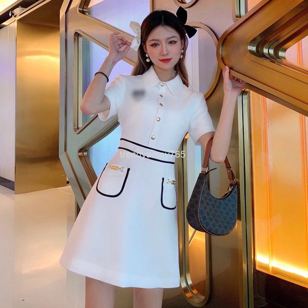 

casual dresses carriage embroidery spring and summer lapel contrast stitching hardware button black white versatile dress, Black;gray
