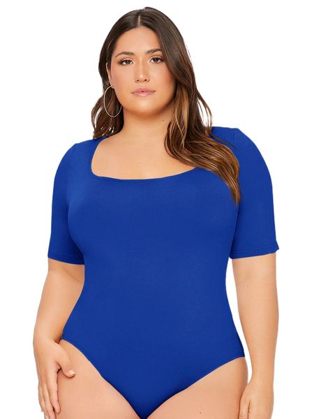 

plus solid scoop neck bodysuit k3o8#, Black