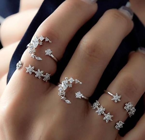 Boho Star Open Rings Set Silber Mondgelenk Knöchelring Kristall Fingerschmuck für Frauen und Mädchen