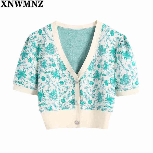 

xnwmnz summer womens fashion jacquard knit cardigan retro women vneck puff sleeves button woman chic 210513, White