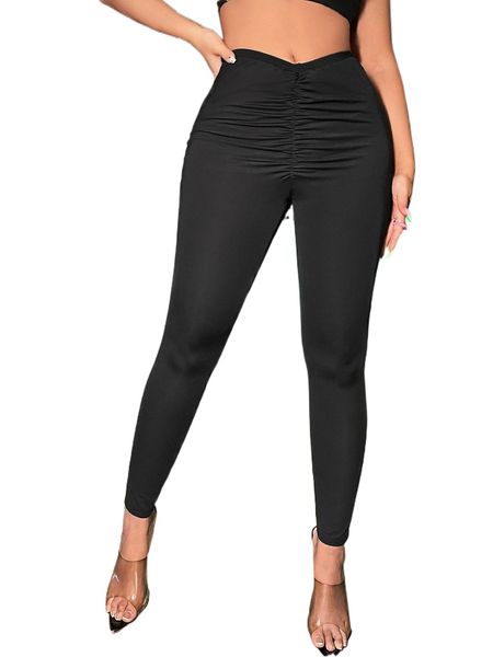 

solid ruched skinny pants j7bd#, Black;white
