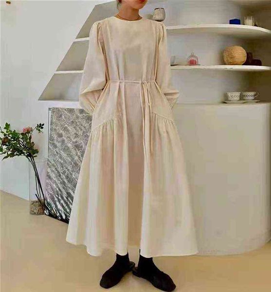 

south korea style spring round collar hubblebubble sleeve maternity long dress solid color pregnant woman plus size dress j220628, White