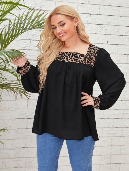 

plus leopard panel square neck blouse e4tx#, Black