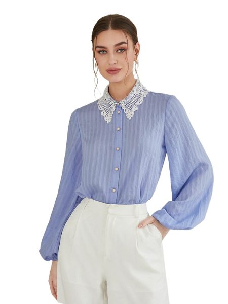 

guipure lace panel lantern sleeve blouse k2uz#, White