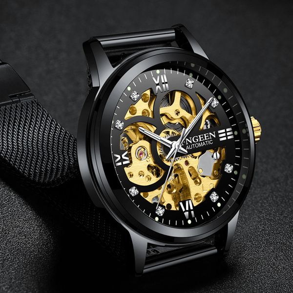 

new fngeen men mechanical watch luxury skeleton automatic watches stainless steel mesh strap men's wristwatch relogio luminous, Slivery;brown