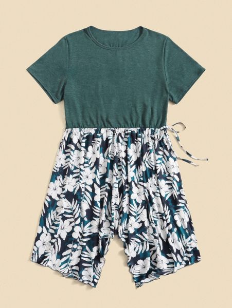 

plus 1pc tropical print tie side asymmetrical hem dress k0bj#, Black