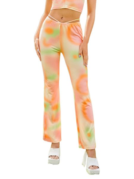 

tie dye high waist tie back pants l8e5#, Black;white