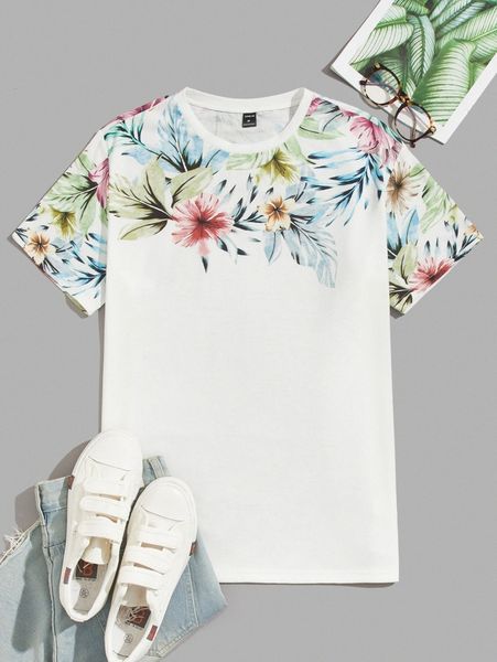 

men floral print tee 54wb#, White;black