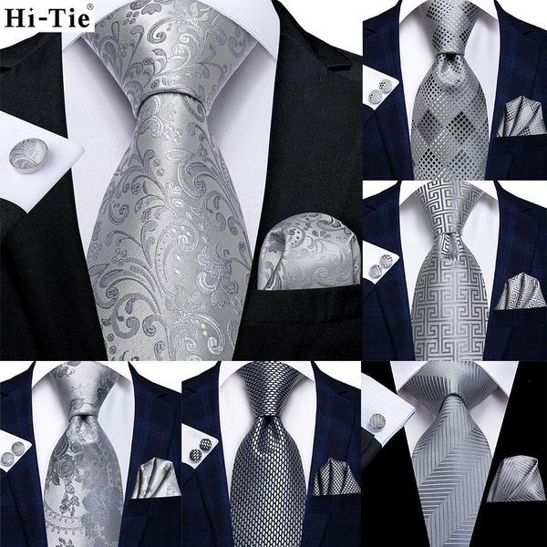 Серебряная новинка мужчины связывают шелк шелк свадебный галстук для хэкки -запонки, набор модных дизайна бизнеса бизнеса