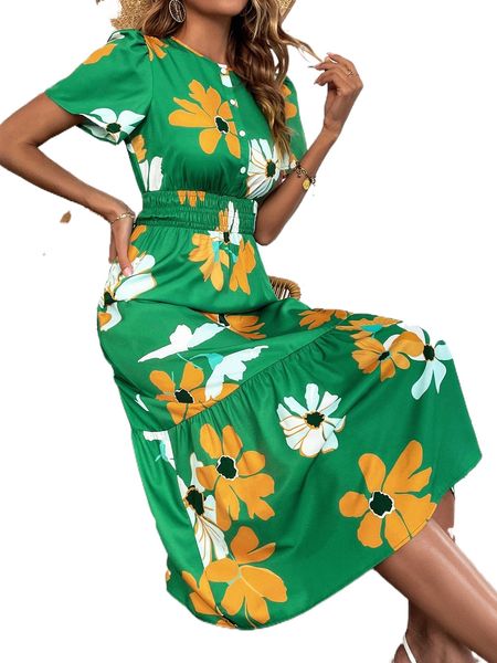 

floral print shirred waist puff sleeve dress r2pd#, Black;gray