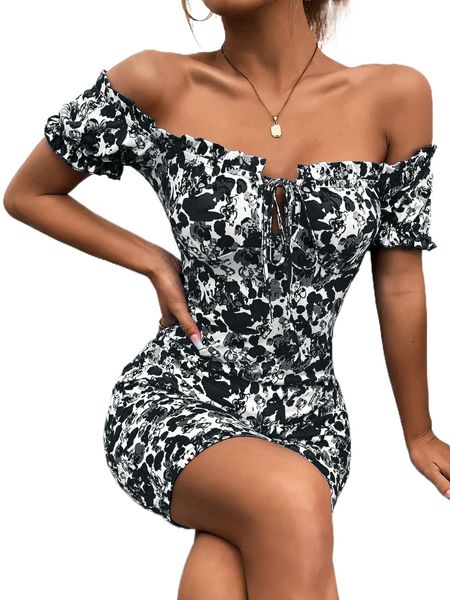 

floral print off shoulder frill trim knot front bodycon dress u3of#, Black;gray