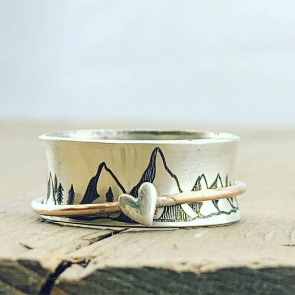 Vintage Mountain Peak Ring rotierender Liebesherzspinner Zappel Ringe für Frauen Malerei Zierziger Meditation breiter Anti -Angst -Ring -Schmuck