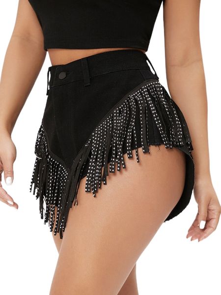 

petite high waist rhinestone fringe raw hem denim shorts j7zq#, White;black