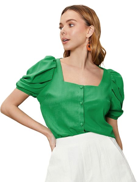 

puff sleeve button front blouse x9qh#, White