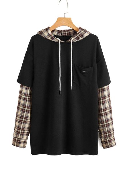 

spliced plaid drawstring hoodie b83m#, Black
