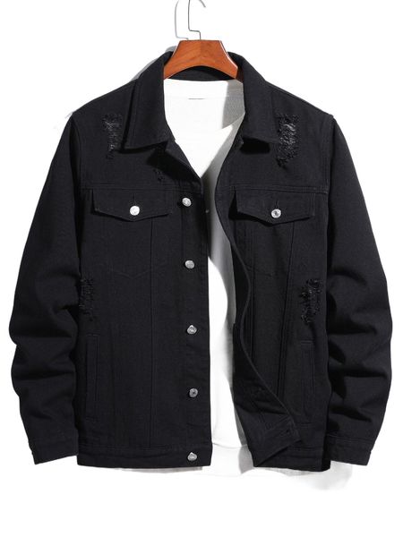 

men ripped dual pocket denim jacket without tee b7mp#, Black;brown